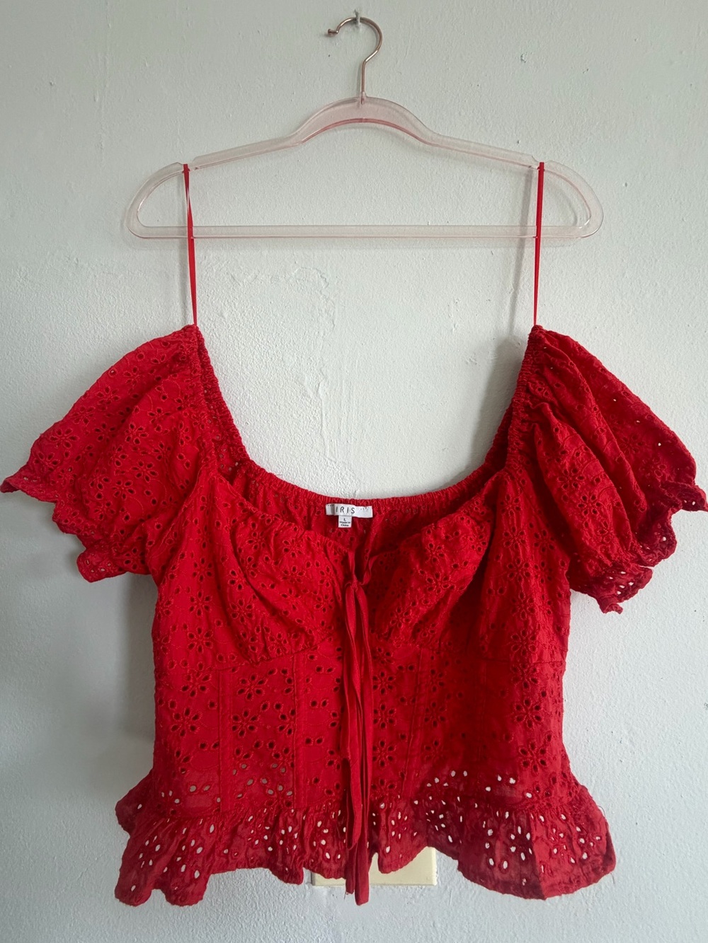 iris Red Eyelet Tie-Front Puff Sleeve Camisole
